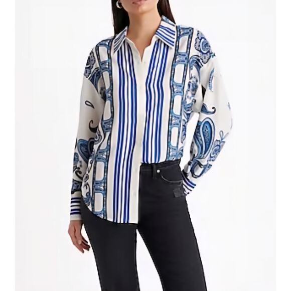 Express Tops - Express Portofino Shirt Womens Large Blue Paisley Striped Oversized Career Satin